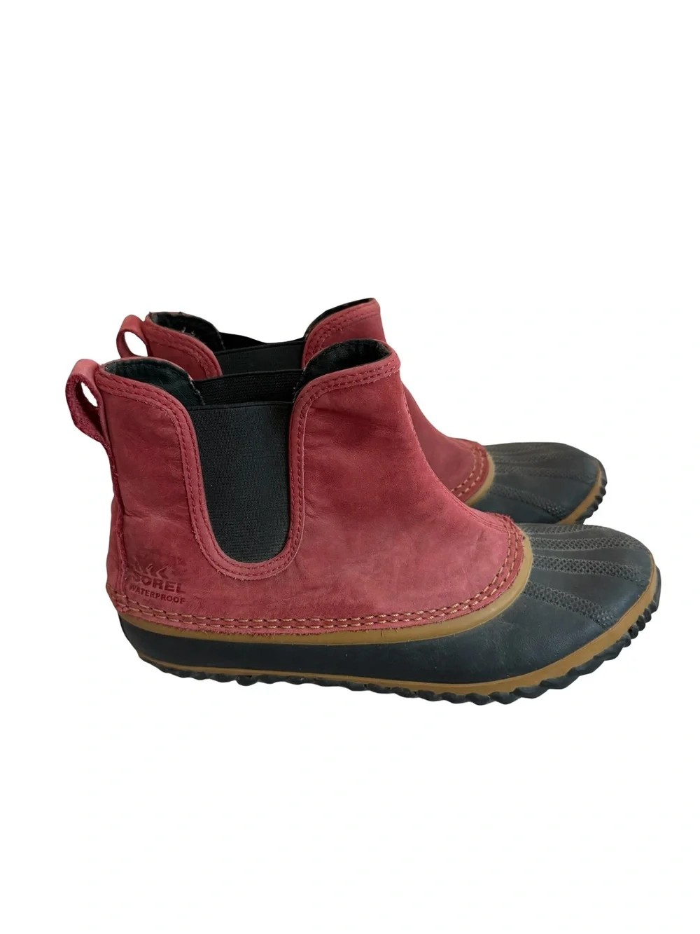 Sorel Out 'N About Chelsea Rain Boots Red Waterproof Rubber Ankle Booties Size 8